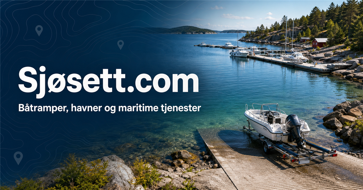 Sjøsett.com-logo over en norsk marina og en båt som sjøsettes fra henger